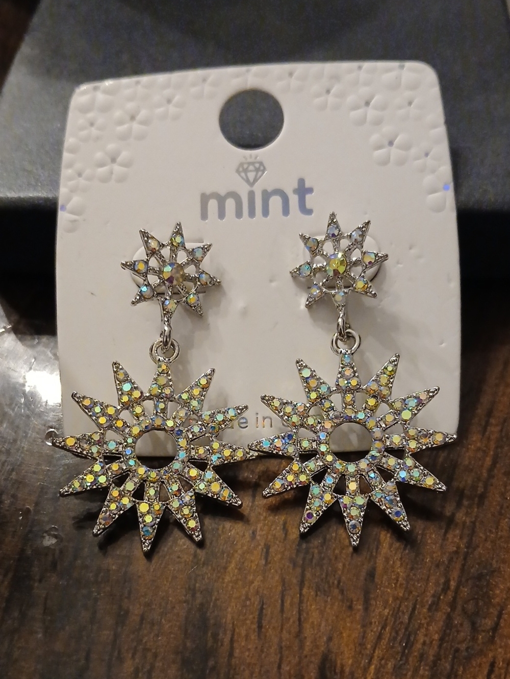 Mint Iridescent Starburst Drop Earrings - Silver